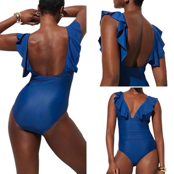 J Crew Radiant Fuchsia Ruffle V-Neck Ruched One Piece Swimsuit Sz 22 NWT - Picture 13 of 16